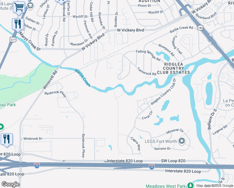 map of restaurants, bars, coffee shops, grocery stores, and more near 3901 Winding Way in Benbrook