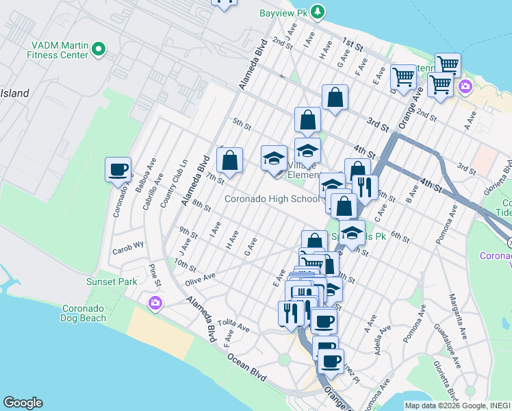 map of restaurants, bars, coffee shops, grocery stores, and more near 711 H Avenue in Coronado