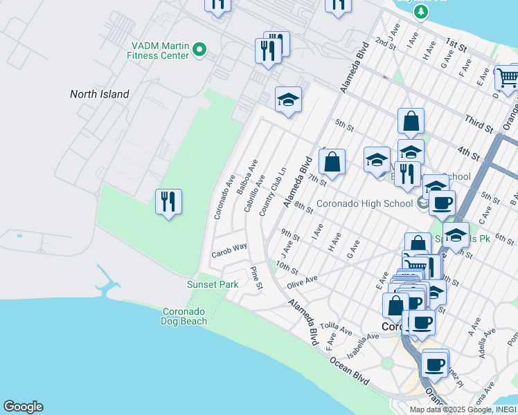 map of restaurants, bars, coffee shops, grocery stores, and more near 840 Country Club Lane in Coronado