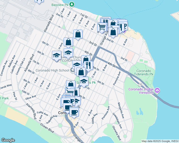 map of restaurants, bars, coffee shops, grocery stores, and more near 539 Orange Avenue in Coronado