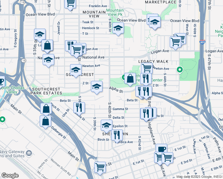 map of restaurants, bars, coffee shops, grocery stores, and more near 1347 South 40th Street in San Diego