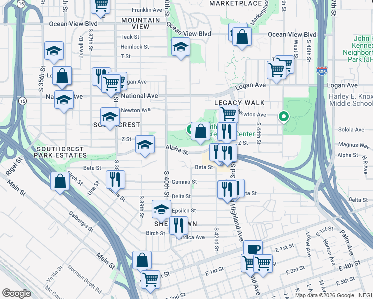 map of restaurants, bars, coffee shops, grocery stores, and more near 4074 Alpha Street in San Diego