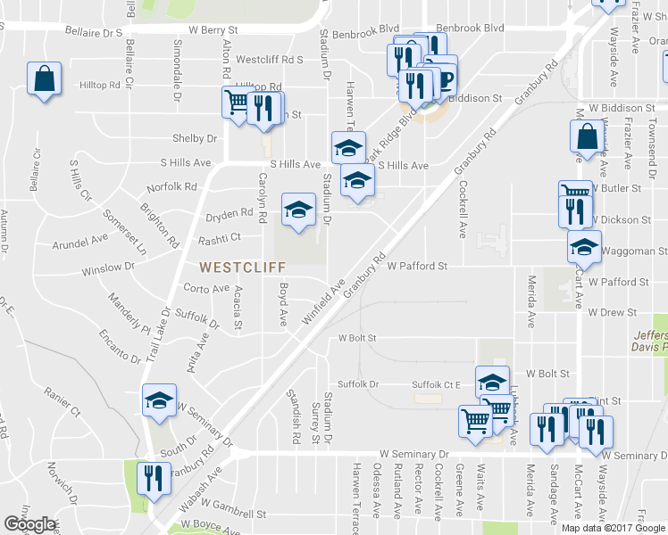 map of restaurants, bars, coffee shops, grocery stores, and more near 3901 Stadium Drive in Fort Worth