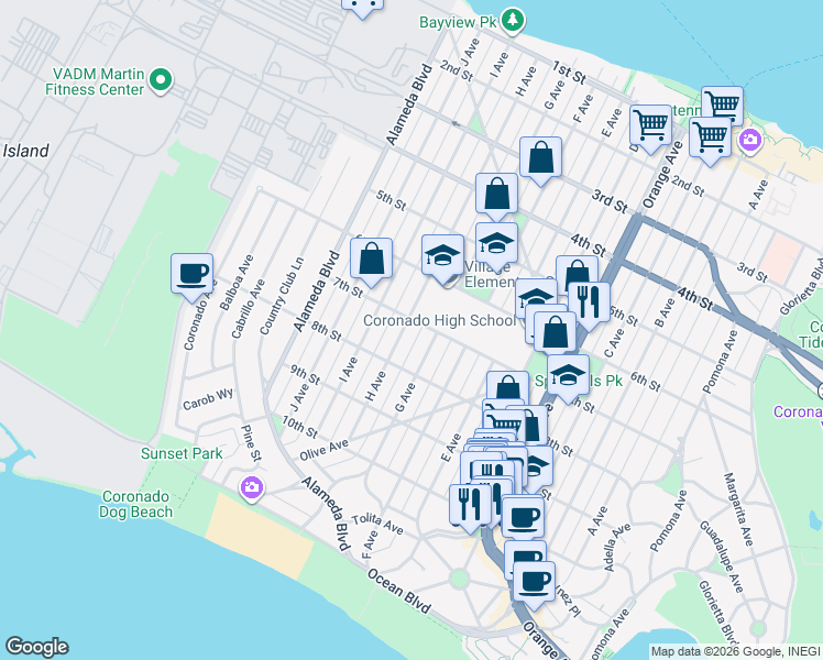 map of restaurants, bars, coffee shops, grocery stores, and more near 711 H Avenue in Coronado