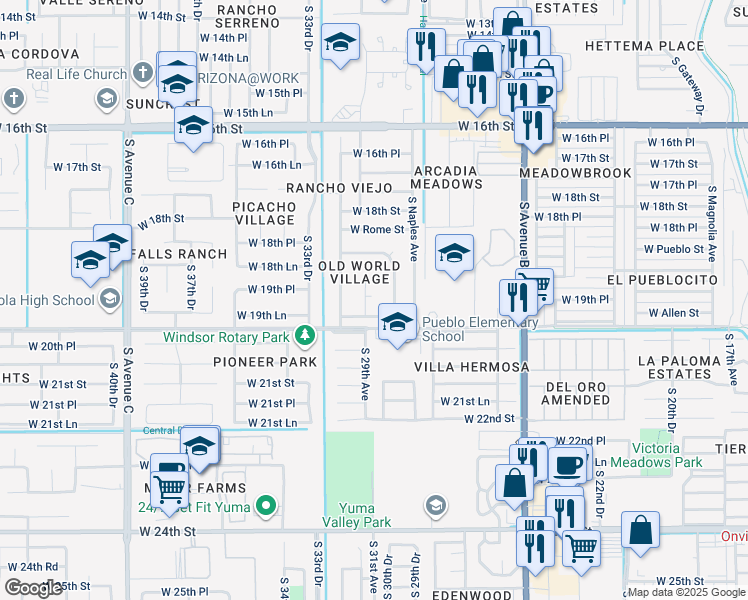 map of restaurants, bars, coffee shops, grocery stores, and more near 1925 Paris Court in Yuma