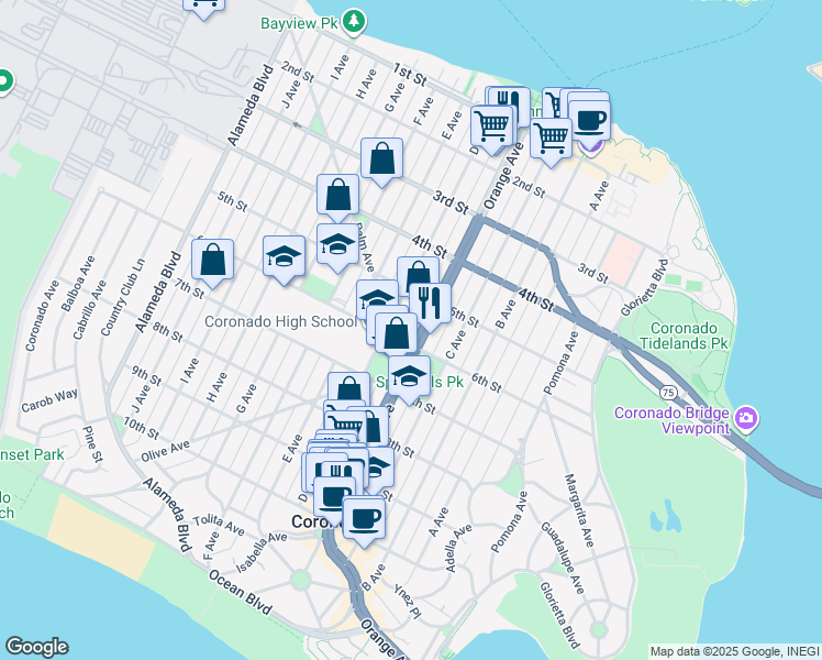 map of restaurants, bars, coffee shops, grocery stores, and more near 550 Orange Avenue in Coronado
