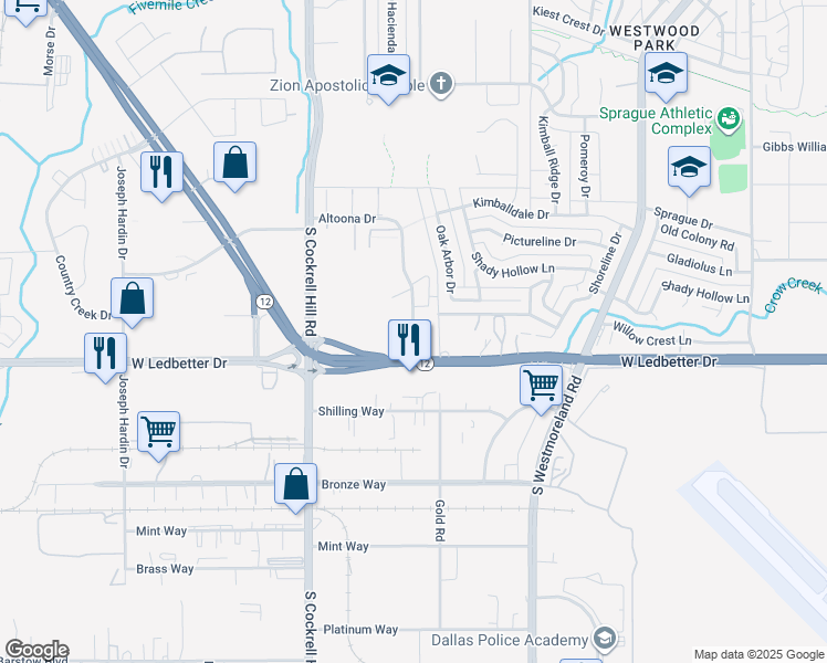 map of restaurants, bars, coffee shops, grocery stores, and more near 4209 West Ledbetter Drive in Dallas