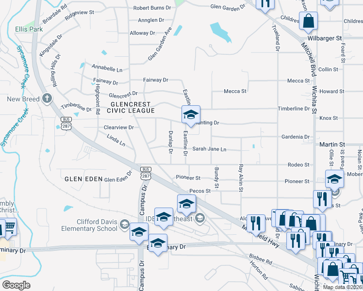 map of restaurants, bars, coffee shops, grocery stores, and more near 4825 Eastline Drive in Fort Worth
