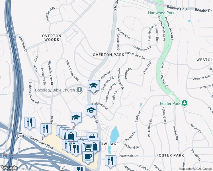 map of restaurants, bars, coffee shops, grocery stores, and more near 3821 Arborlawn Drive in Fort Worth