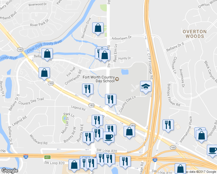 map of restaurants, bars, coffee shops, grocery stores, and more near 4243 Bryant Irvin Road in Fort Worth
