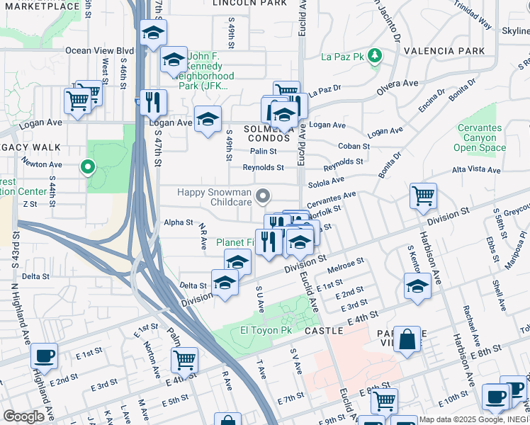 map of restaurants, bars, coffee shops, grocery stores, and more near South 50th Street in San Diego