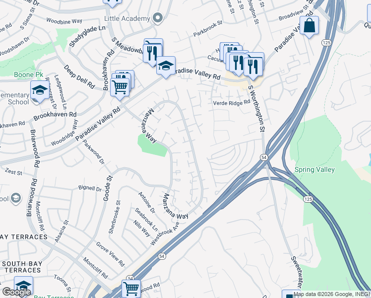 map of restaurants, bars, coffee shops, grocery stores, and more near 2163 Manzana Way in San Diego