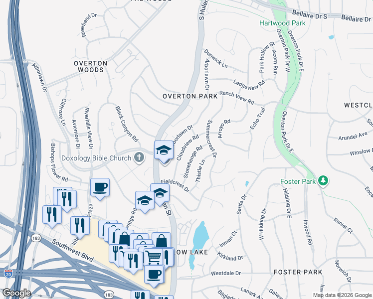 map of restaurants, bars, coffee shops, grocery stores, and more near 3821 Arborlawn Drive in Fort Worth