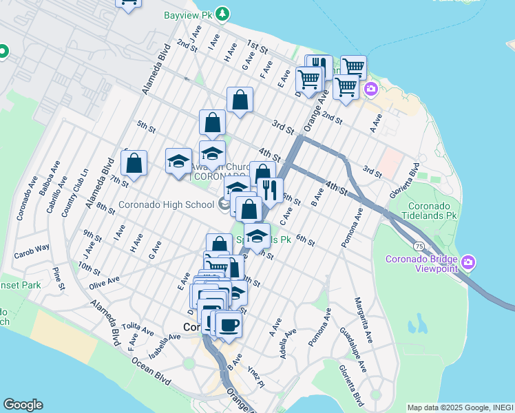 map of restaurants, bars, coffee shops, grocery stores, and more near 550 Orange Avenue in Coronado