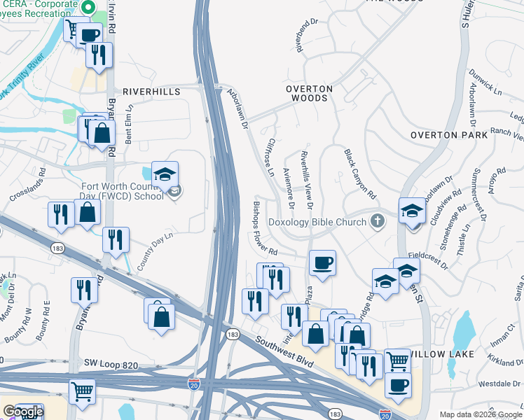 map of restaurants, bars, coffee shops, grocery stores, and more near 3837 Bishops Flower Road in Fort Worth