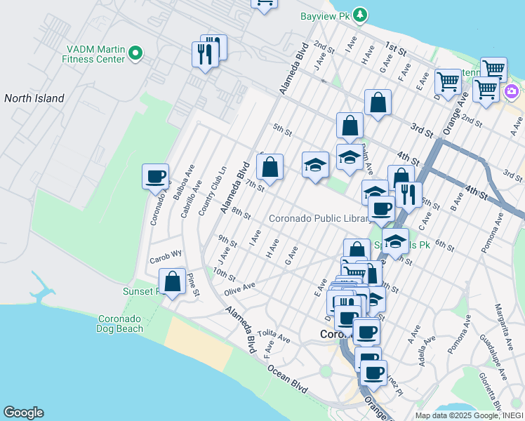 map of restaurants, bars, coffee shops, grocery stores, and more near 738 I Avenue in Coronado