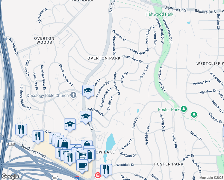 map of restaurants, bars, coffee shops, grocery stores, and more near 3908 Stonehenge Road in Fort Worth