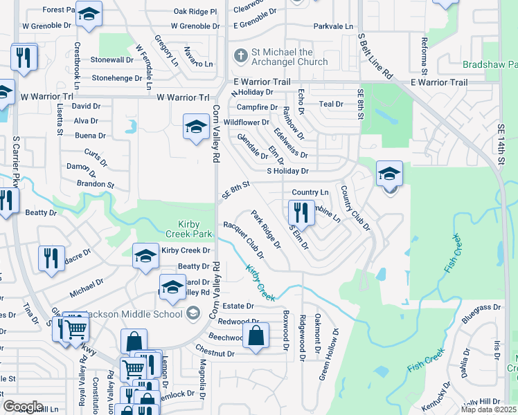 map of restaurants, bars, coffee shops, grocery stores, and more near 426 Park Ridge Drive in Grand Prairie