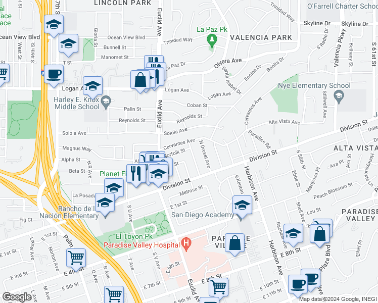 map of restaurants, bars, coffee shops, grocery stores, and more near 2540 Norfolk Street in National City