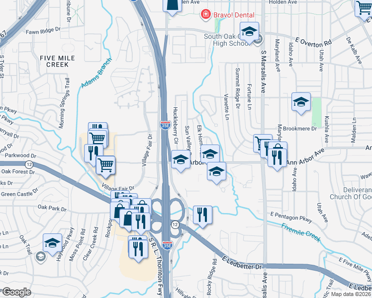 map of restaurants, bars, coffee shops, grocery stores, and more near 4214 Huckleberry Circle in Dallas
