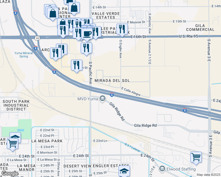 map of restaurants, bars, coffee shops, grocery stores, and more near 2246 East Calle Alegre in Yuma