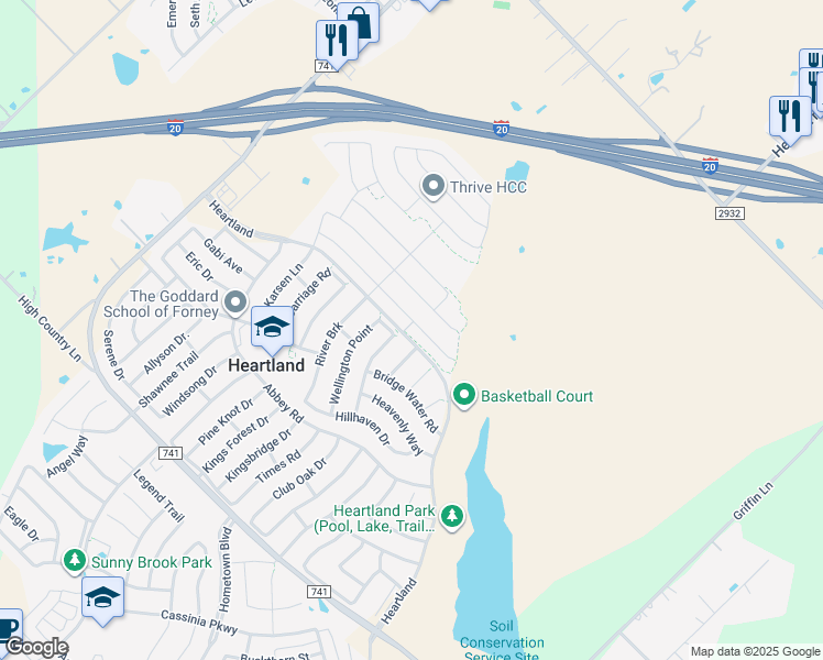 map of restaurants, bars, coffee shops, grocery stores, and more near 3200 Glazner Drive in Forney