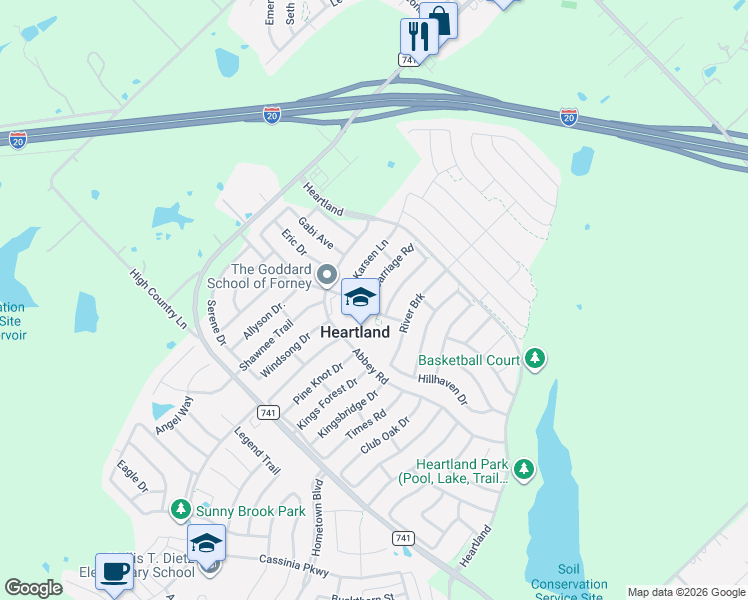 map of restaurants, bars, coffee shops, grocery stores, and more near 2008 Sterling Gate Drive in Heartland