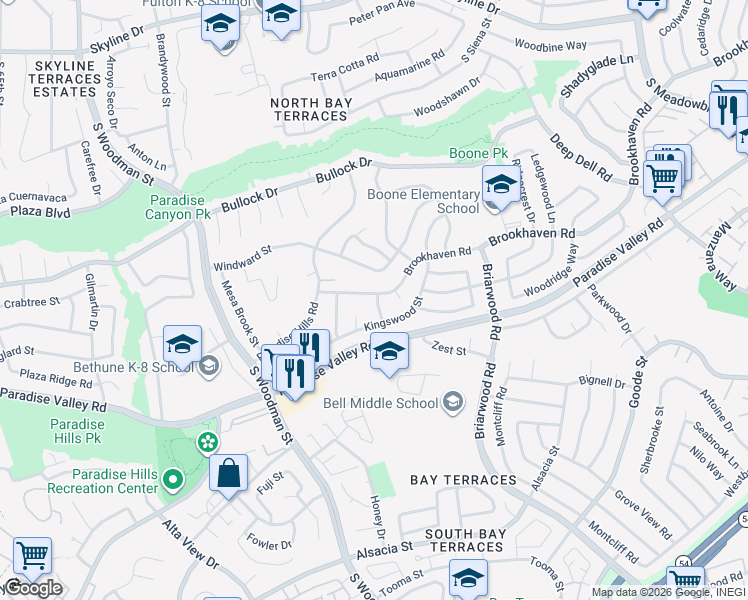 map of restaurants, bars, coffee shops, grocery stores, and more near 7089 Brookhaven Road in San Diego