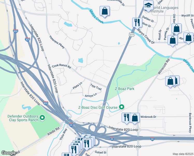 map of restaurants, bars, coffee shops, grocery stores, and more near 8345 Estandarte Court in Benbrook