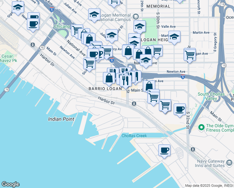 map of restaurants, bars, coffee shops, grocery stores, and more near 1345 S 27th St in San Diego
