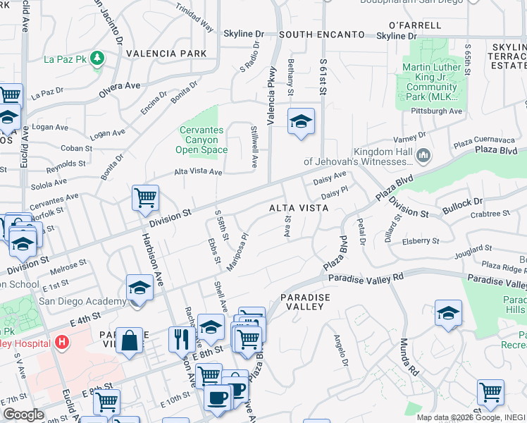 map of restaurants, bars, coffee shops, grocery stores, and more near 5862 East 4th Street in San Diego