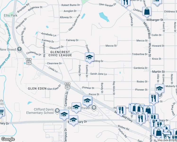 map of restaurants, bars, coffee shops, grocery stores, and more near 4825 Eastline Drive in Fort Worth