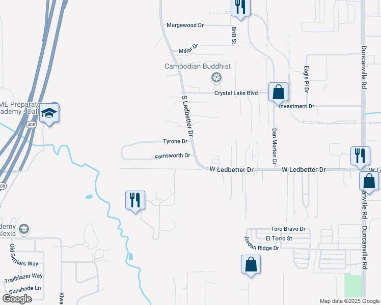 map of restaurants, bars, coffee shops, grocery stores, and more near 4117 South Ledbetter Drive in Dallas