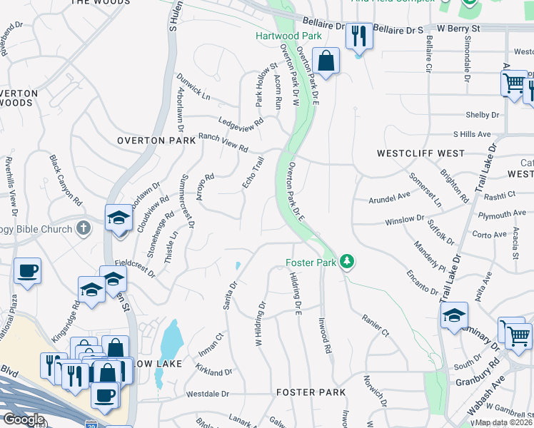 map of restaurants, bars, coffee shops, grocery stores, and more near 3813 Branch Road in Fort Worth