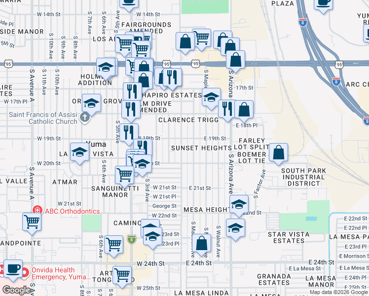 map of restaurants, bars, coffee shops, grocery stores, and more near 1930 South Madison Avenue in Yuma