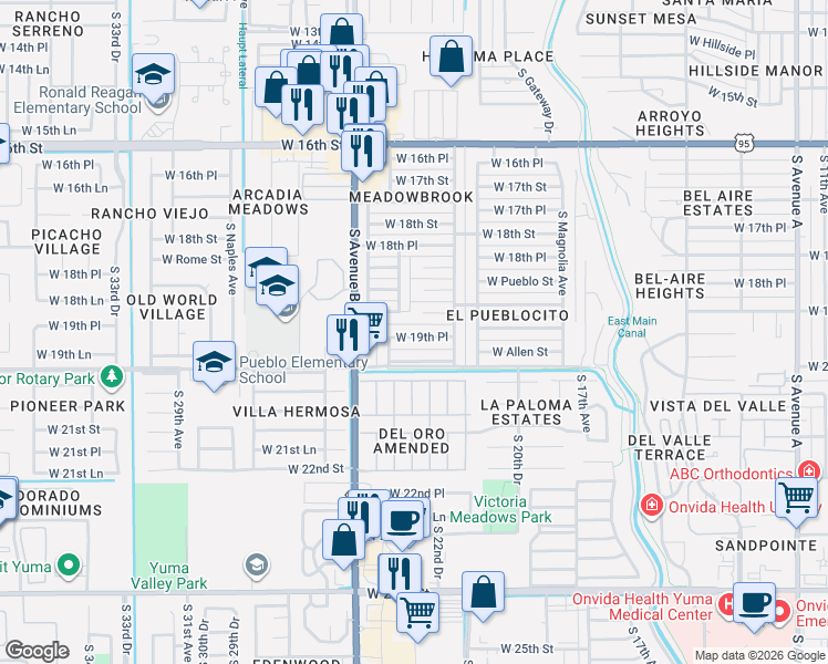 map of restaurants, bars, coffee shops, grocery stores, and more near 2246 West 19th Place in Yuma