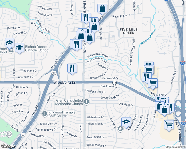 map of restaurants, bars, coffee shops, grocery stores, and more near 932 Channing Cir in Dallas