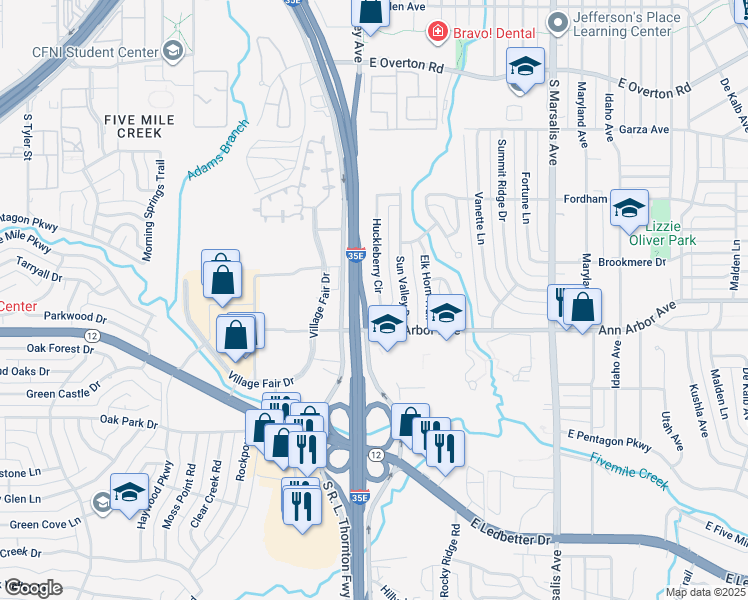 map of restaurants, bars, coffee shops, grocery stores, and more near 4215 Huckleberry Circle in Dallas