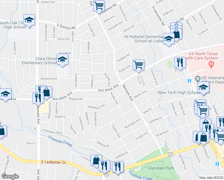 map of restaurants, bars, coffee shops, grocery stores, and more near 1406 Ann Arbor Avenue in Dallas