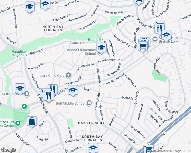 map of restaurants, bars, coffee shops, grocery stores, and more near 467 Bluegrass Street in San Diego