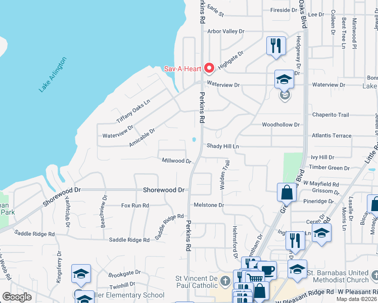 map of restaurants, bars, coffee shops, grocery stores, and more near 3331 Shellbrook Court in Arlington