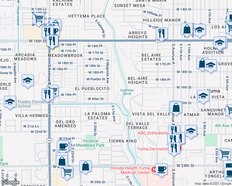 map of restaurants, bars, coffee shops, grocery stores, and more near 1957 South 17th Avenue in Yuma