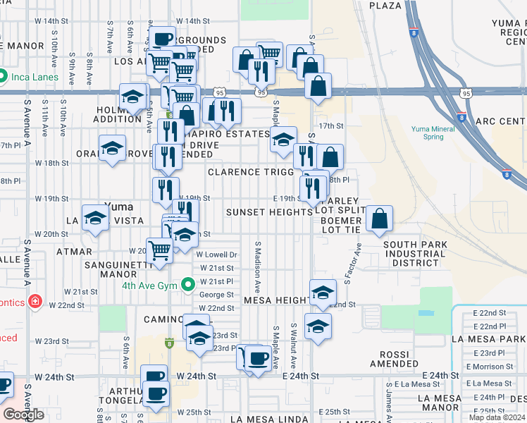 map of restaurants, bars, coffee shops, grocery stores, and more near 1930 South Madison Avenue in Yuma