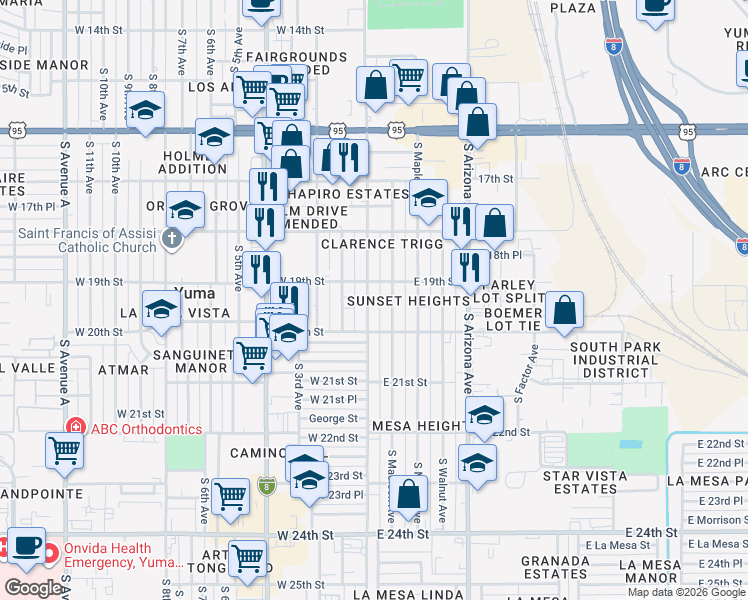 map of restaurants, bars, coffee shops, grocery stores, and more near 1930 South Madison Avenue in Yuma