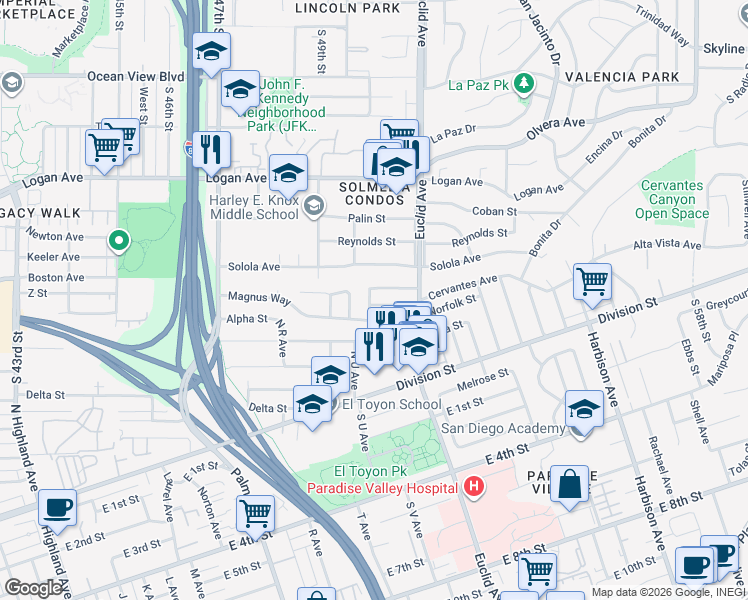 map of restaurants, bars, coffee shops, grocery stores, and more near 5002 Cervantes Avenue in San Diego
