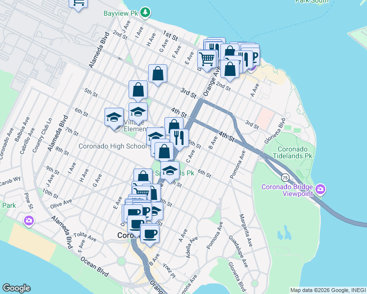 map of restaurants, bars, coffee shops, grocery stores, and more near 525 Orange Avenue in Coronado