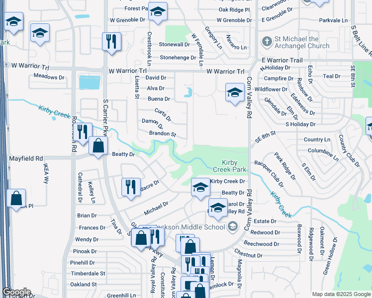 map of restaurants, bars, coffee shops, grocery stores, and more near 3174 Christopher Street in Grand Prairie
