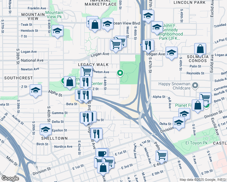 map of restaurants, bars, coffee shops, grocery stores, and more near 4451 Z Street in San Diego