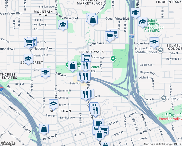 map of restaurants, bars, coffee shops, grocery stores, and more near 4311 Z Street in San Diego