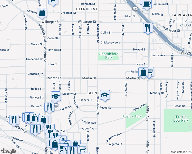 map of restaurants, bars, coffee shops, grocery stores, and more near 3525 Martin Street in Fort Worth